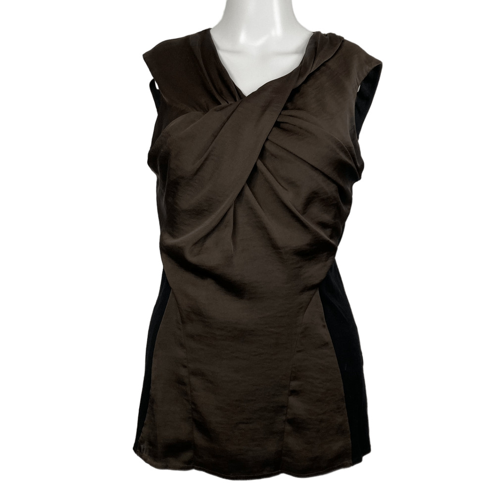 Vince Camuto Shirt Womens Sz M Silky Twist Front Zip Back Stretch Sleeveless